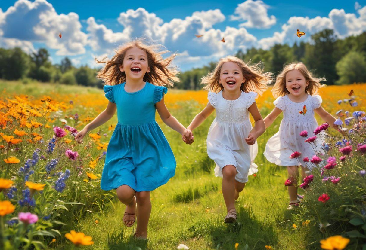 A whimsical scene depicting a sunny meadow filled with children playing joyfully, laughter echoing in the air, surrounded by colorful wildflowers and butterflies fluttering. In the background, a clear blue sky with fluffy white clouds enhances the vibrant atmosphere. Emphasize the innocence and joy in their expressions, capturing a moment of pure youthful happiness. super-realistic. vibrant colors. soft focus.