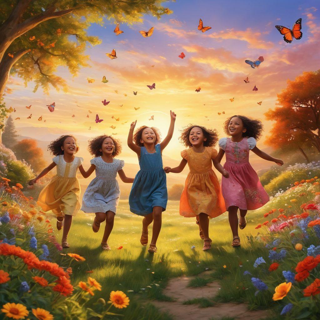 A whimsical scene depicting a diverse group of children joyfully playing under a bright, sunny sky, surrounded by blooming flowers and butterflies. They are laughing and dancing freely, showcasing their youthful exuberance and innocence. The backdrop features a radiant sunset, highlighting the beauty of childhood. The overall atmosphere is vibrant and festive, exuding a sense of happiness and celebration. super-realistic. vibrant colors. enchanting background.
