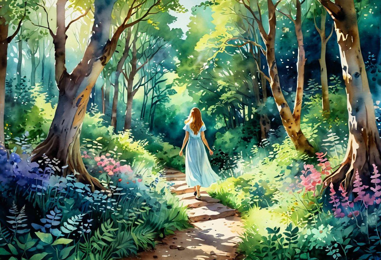 An enchanting landscape featuring a winding path through a lush, forbidden forest, dappled sunlight filtering through the leaves. In the foreground, a carefree figure revels in the beauty of nature, with a whimsical smile and flowing clothing. Surrounding them are vibrant flowers and playful woodland creatures, exuding a sense of magic and adventure. Soft, dreamlike colors create a serene yet alluring atmosphere. watercolor painting. vibrant colors.